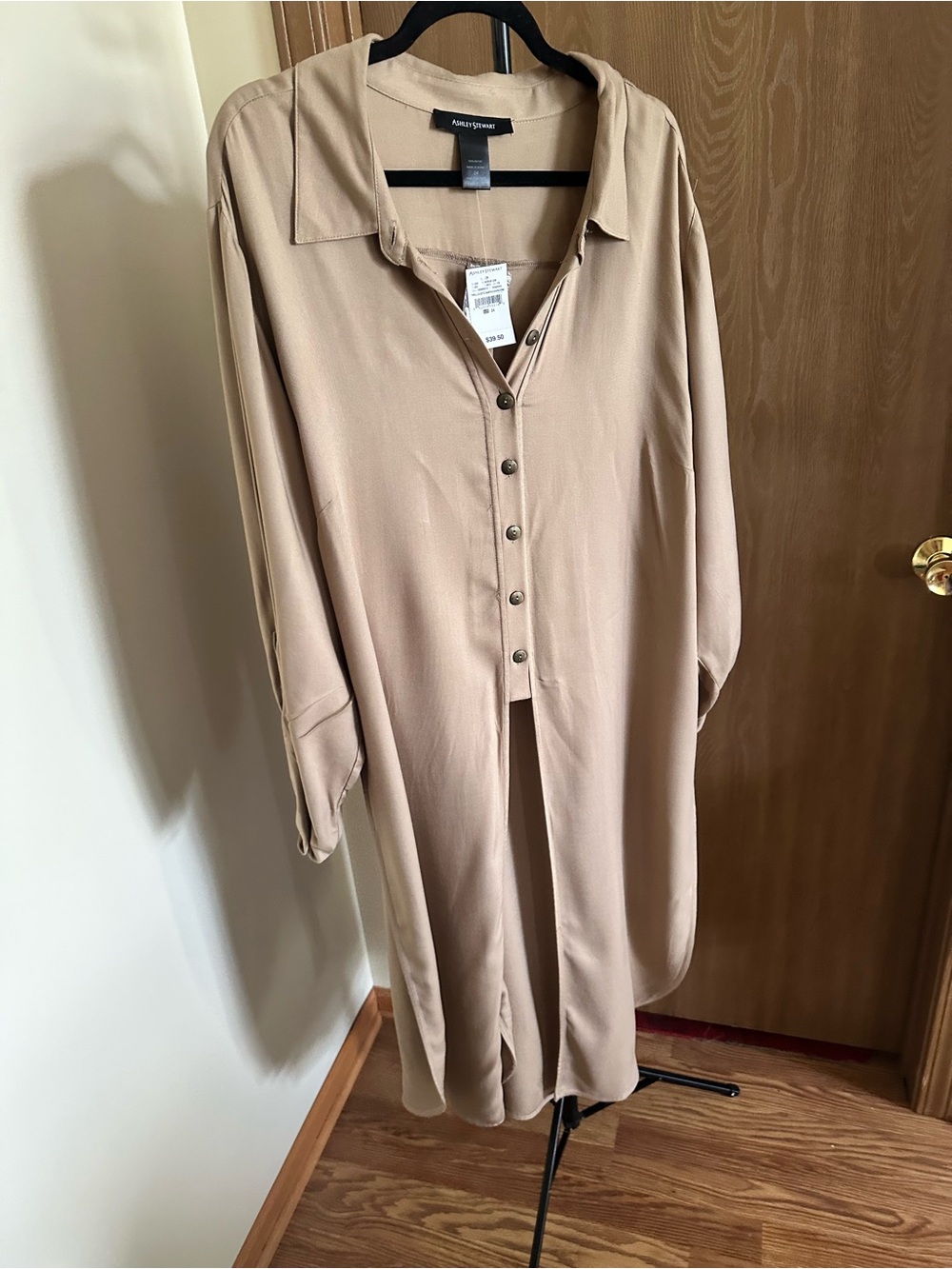 Ashley Strwart. A new Tan Long Sleeve Button-Front Shirt Dress
